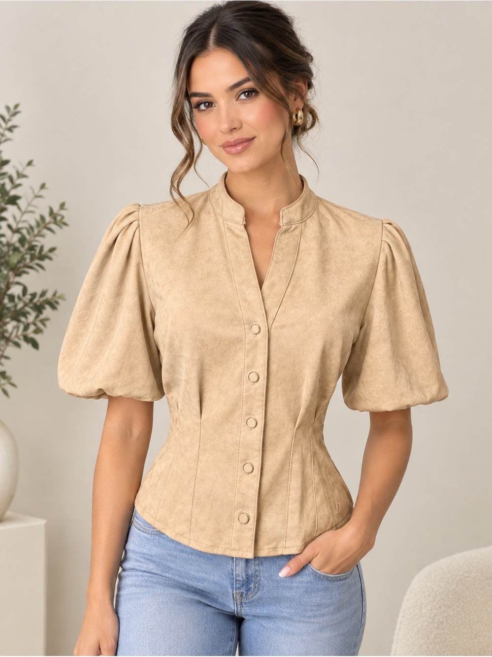 Faux Suede Corset Blouse Puff Sleeve pleated/gathered shoulders